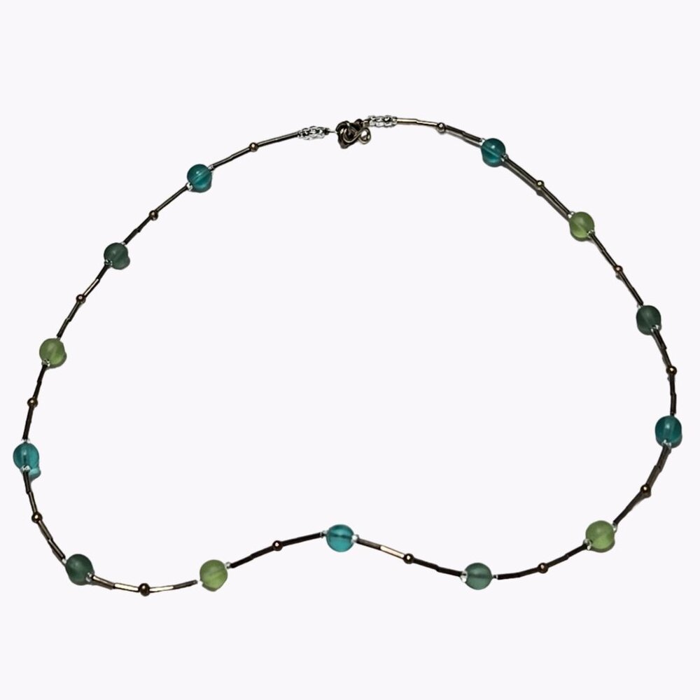 Classic Silver Tone Beaded Choker Necklace Blue Green Beads Fashion Jewelry